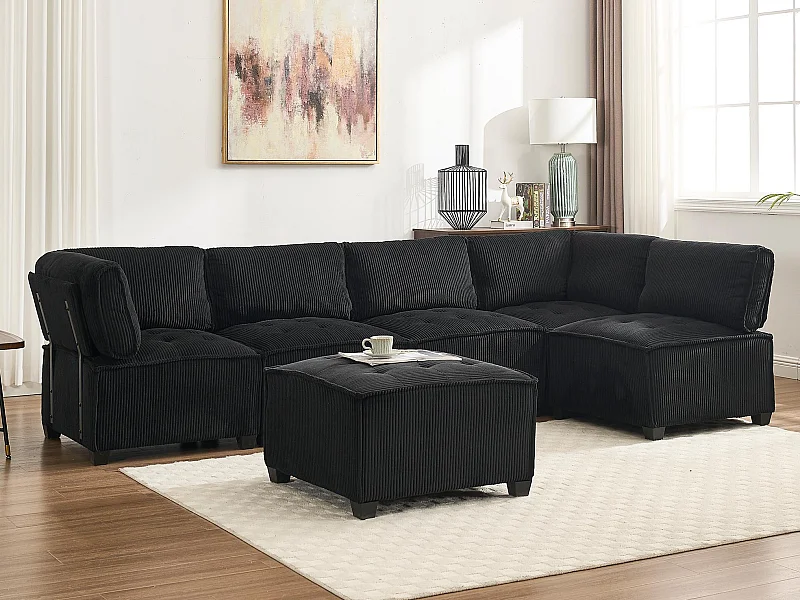 U-vormige modulaire bank (308 x 82 x 154 cm) – 6 omvormbare zitplaatsen – Corduroy stof – Schuimstructuur