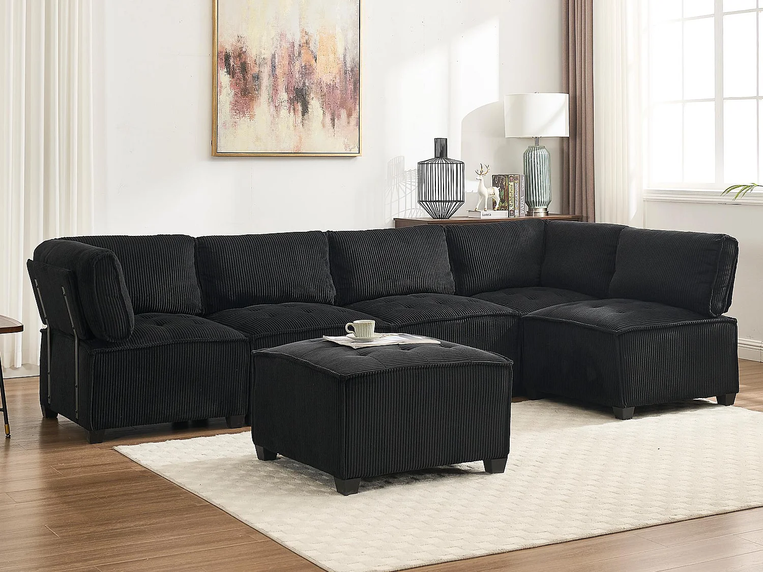 Canapé d'Angle Modulable 6 Places en Velours Noir - Modulable à Volonté - Design contemporain