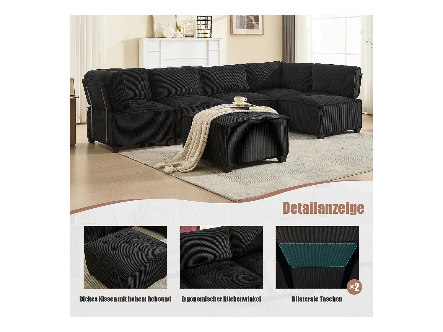 Canapé d'Angle Modulable 6 Places en Velours Noir - Modulable à Volonté - Design contemporain