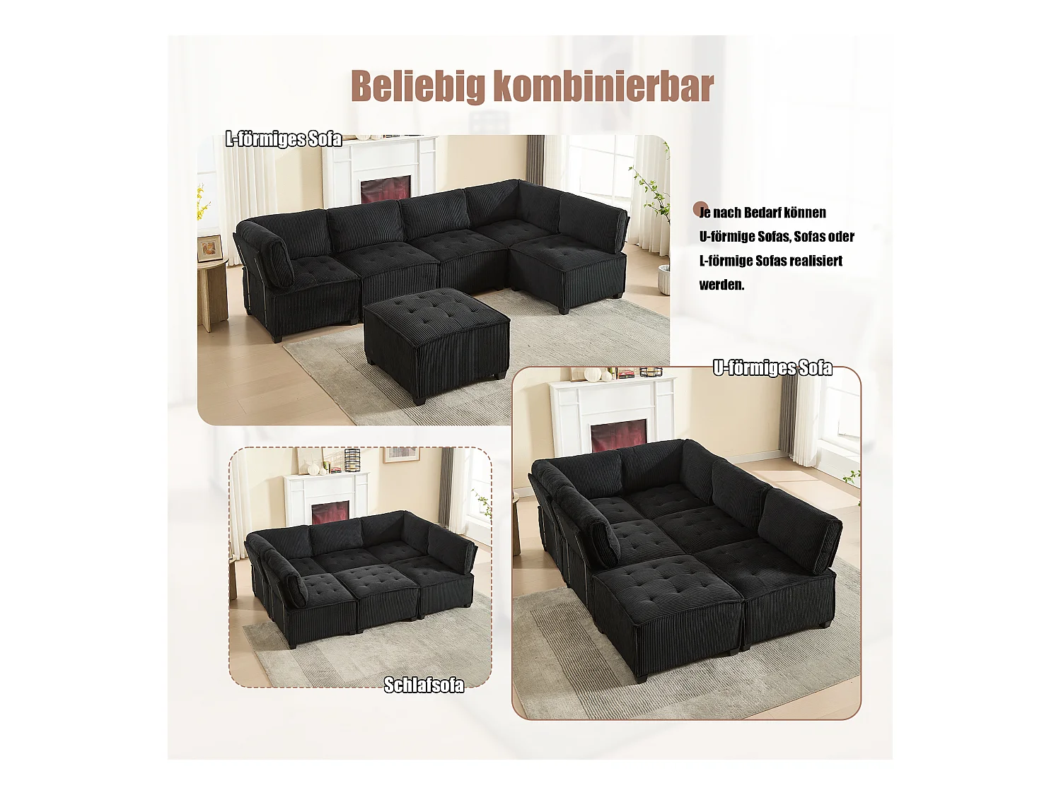 Canapé d'Angle Modulable 6 Places en Velours Noir - Modulable à Volonté - Design contemporain