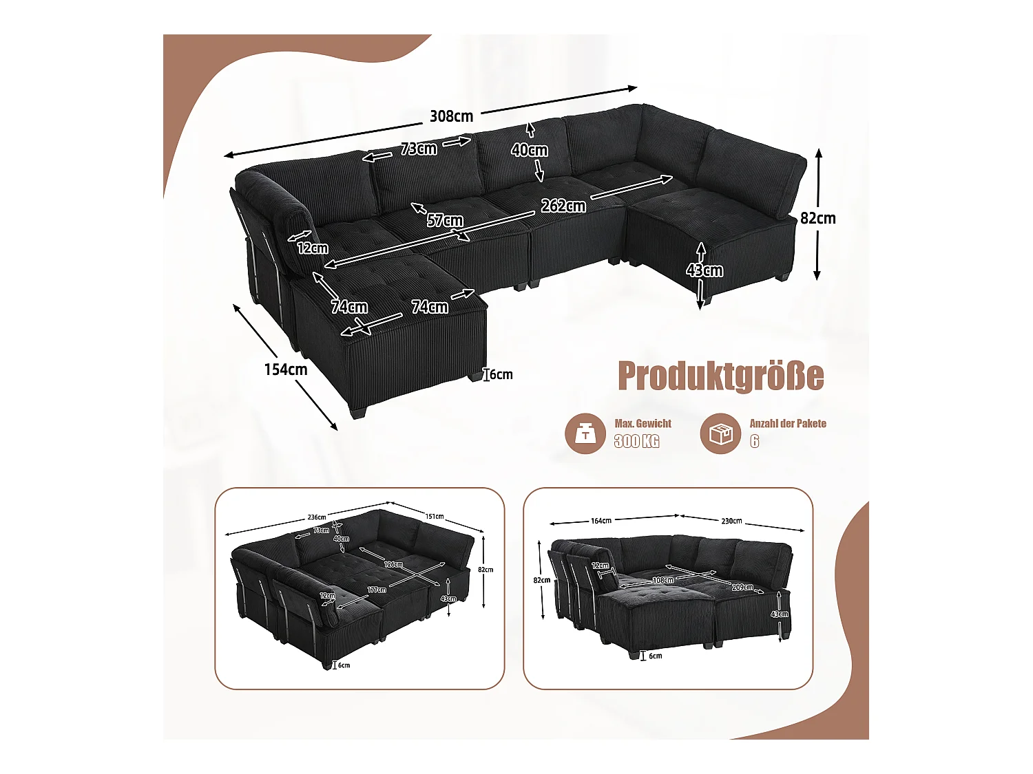 Canapé d'Angle Modulable 6 Places en Velours Noir - Modulable à Volonté - Design contemporain