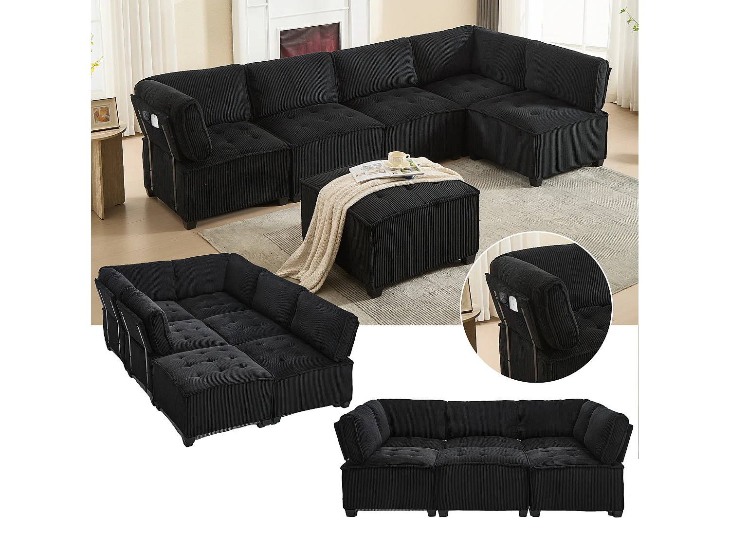 Canapé d'Angle Modulable 6 Places en Velours Noir - Modulable à Volonté - Design contemporain