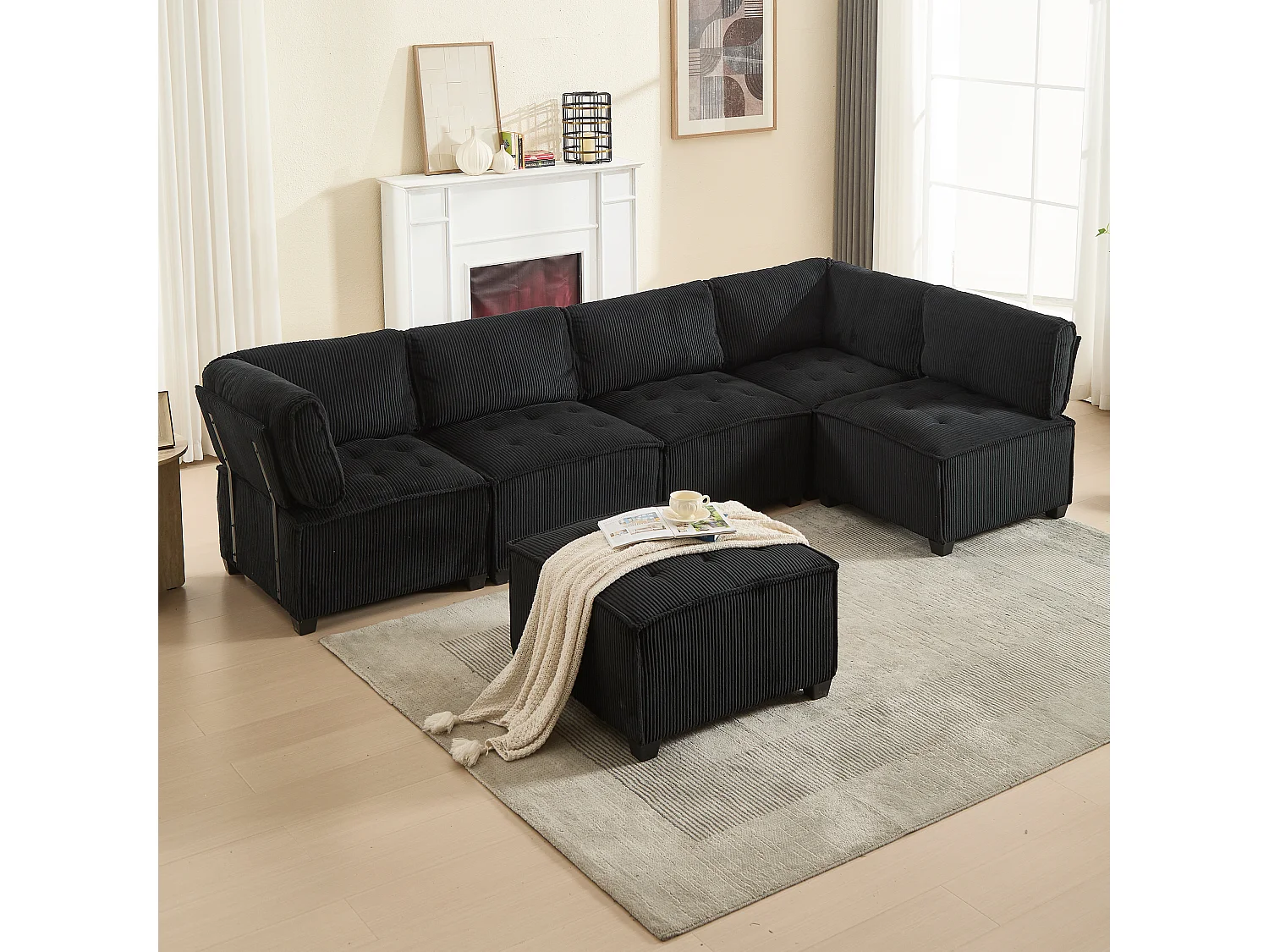 Canapé d'Angle Modulable 6 Places en Velours Noir - Modulable à Volonté - Design contemporain