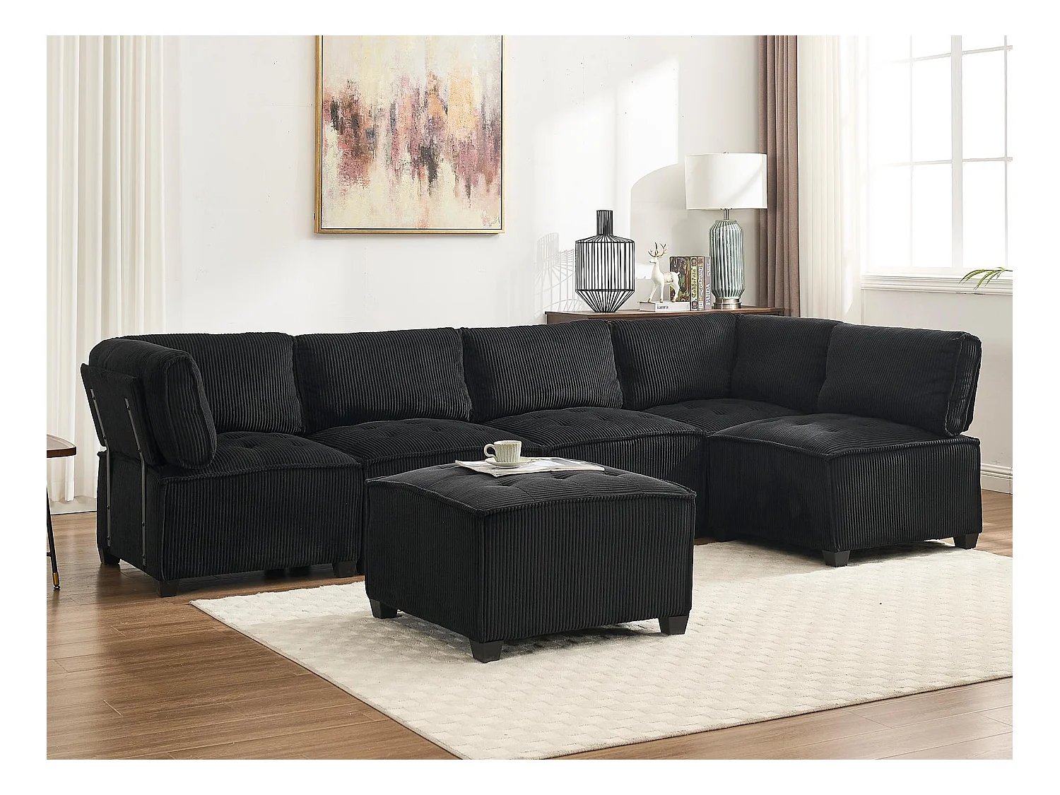 Canapé d'Angle Modulable 6 Places en Velours Noir - Modulable à Volonté - Design contemporain