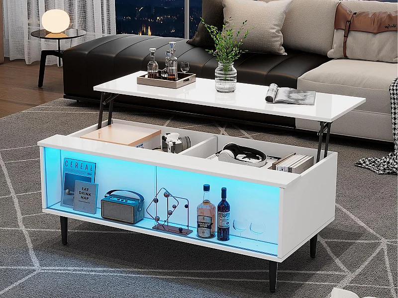 Table basse relevable 105x50x43 cm - avec éclairage LED - Surface d'affichage en verre trempé - blanc