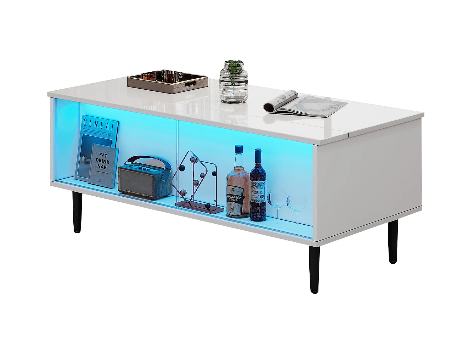 Höhenverstellbarer Couchtisch 105×50×43 cm - mit LED-Beleuchtung - Sicherheitsglas-Oberfläche - weiß