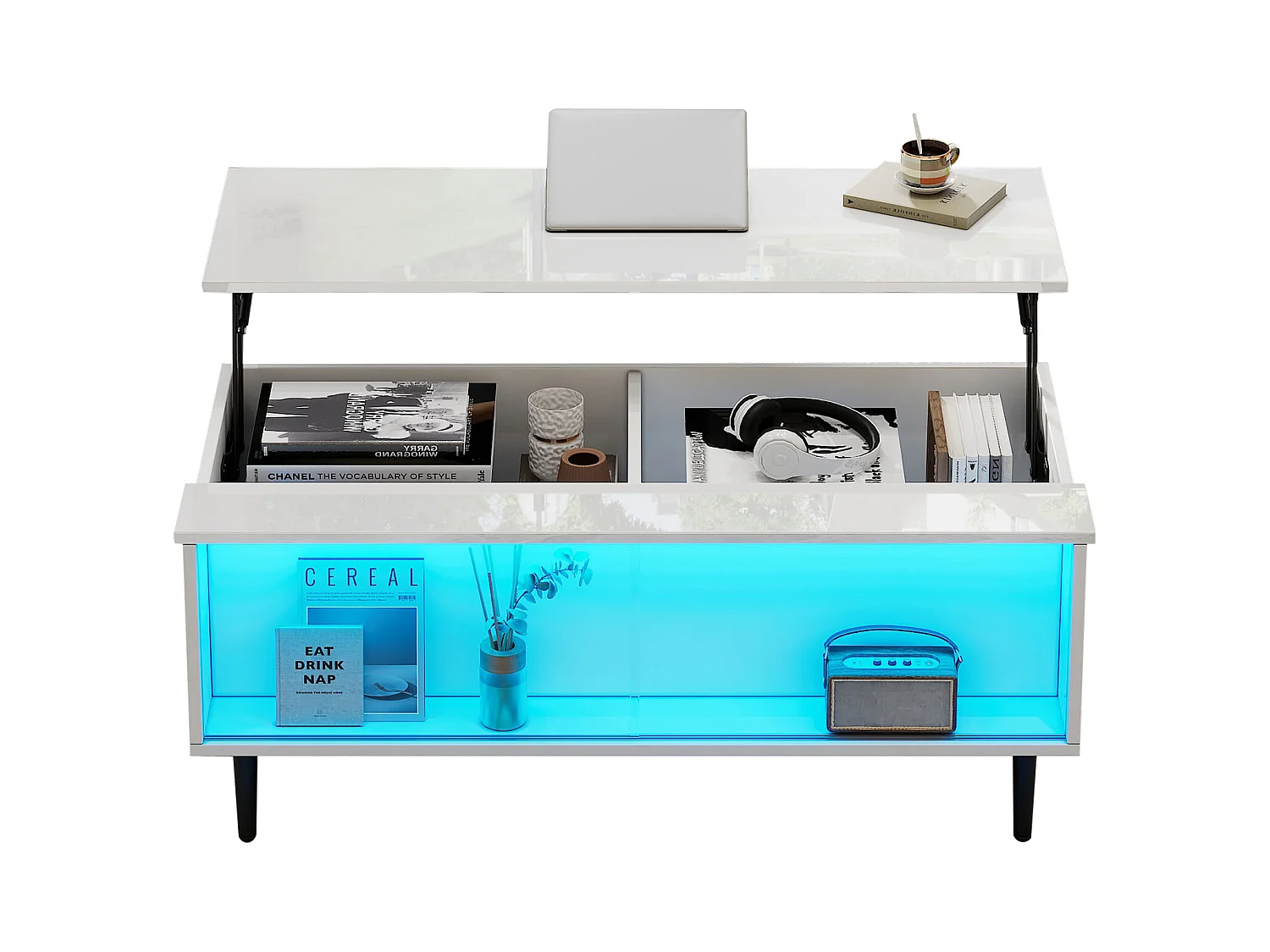 Höhenverstellbarer Couchtisch 105×50×43 cm - mit LED-Beleuchtung - Sicherheitsglas-Oberfläche - weiß