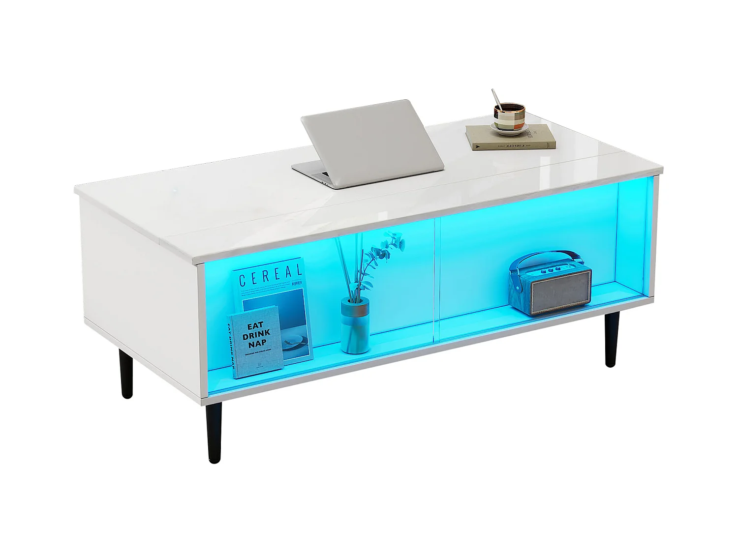 Höhenverstellbarer Couchtisch 105×50×43 cm - mit LED-Beleuchtung - Sicherheitsglas-Oberfläche - weiß