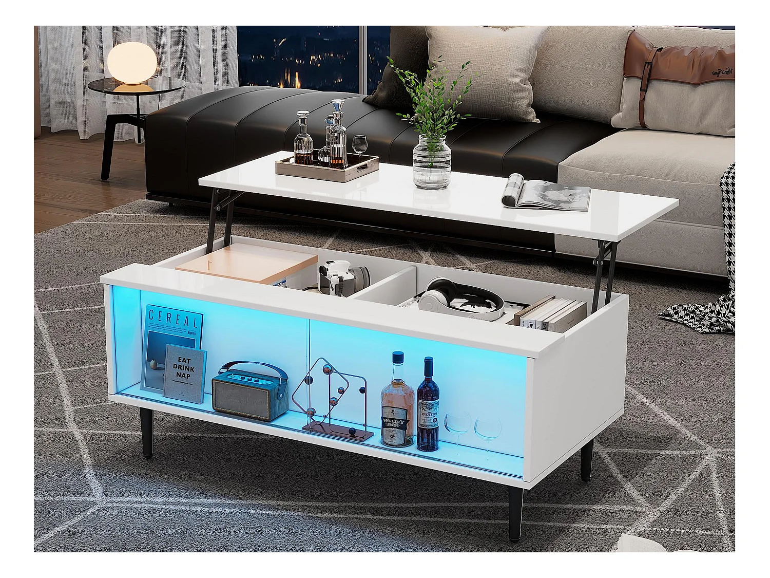 Table basse relevable 105x50x43 cm - avec éclairage LED - Surface d'affichage en verre trempé - blanc