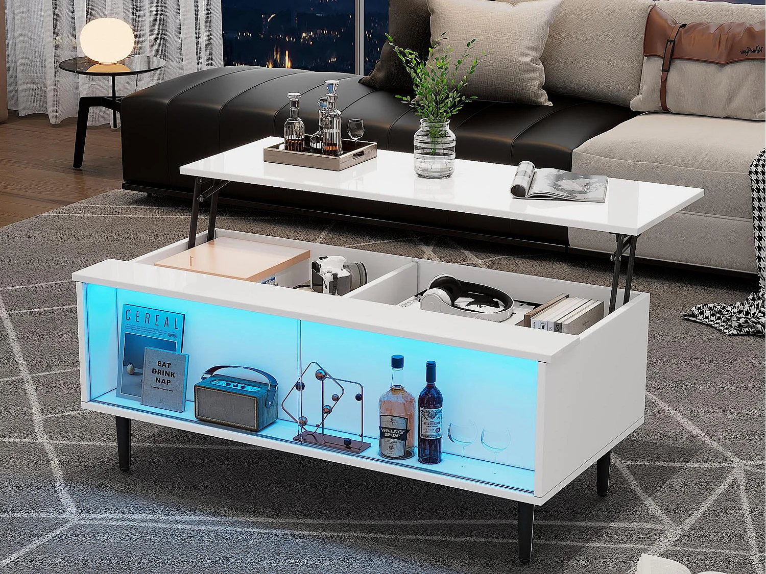Höhenverstellbarer Couchtisch 105×50×43 cm - mit LED-Beleuchtung - Sicherheitsglas-Oberfläche - weiß