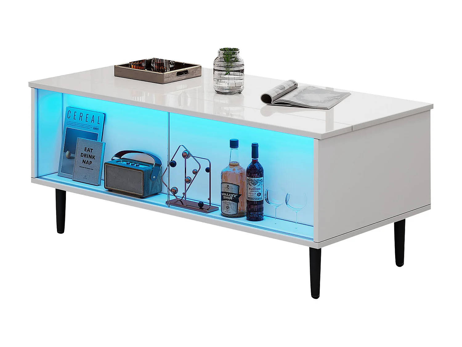 Höhenverstellbarer Couchtisch 105×50×43 cm - mit LED-Beleuchtung - Sicherheitsglas-Oberfläche - weiß