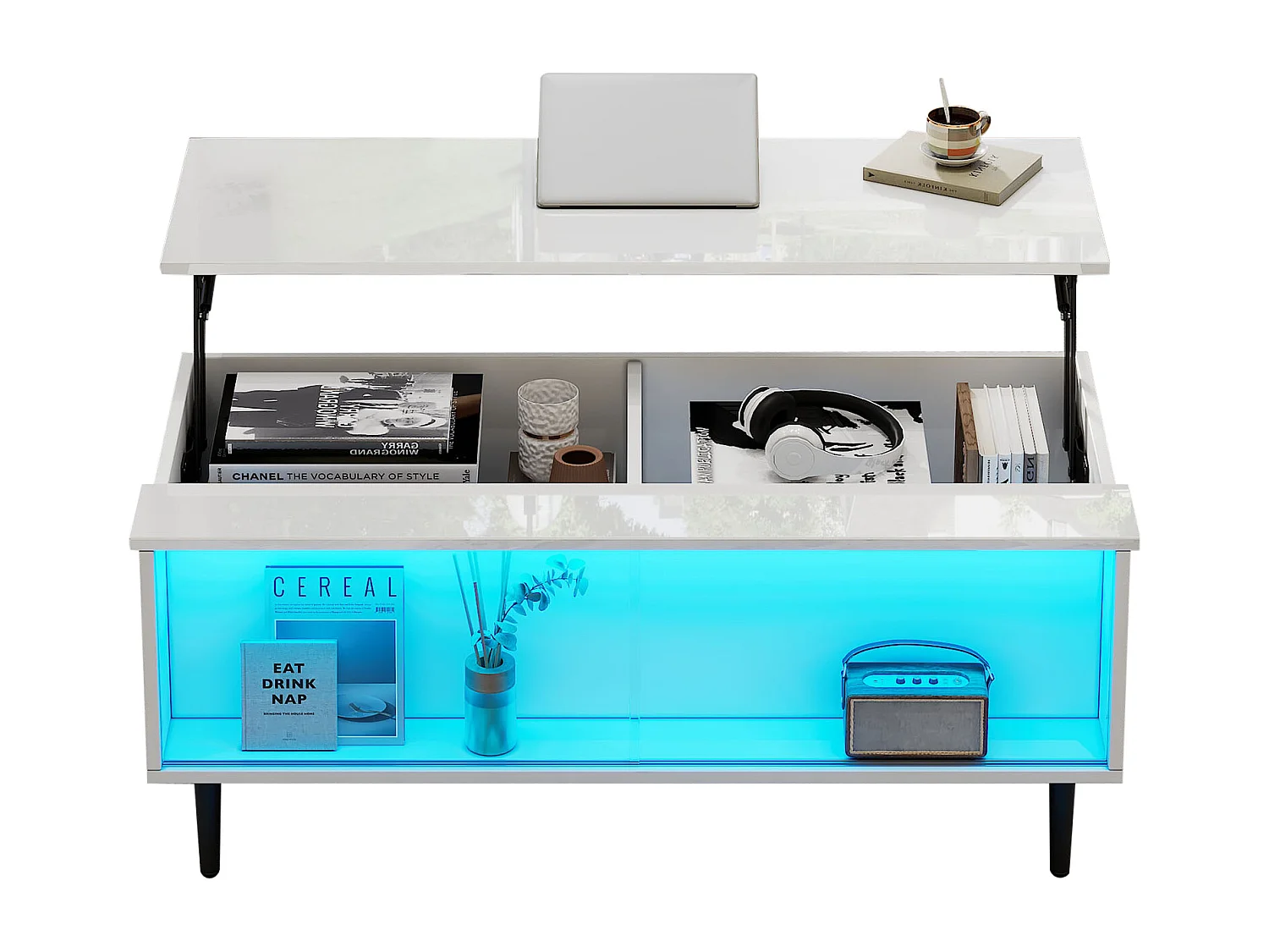 Höhenverstellbarer Couchtisch 105×50×43 cm - mit LED-Beleuchtung - Sicherheitsglas-Oberfläche - weiß