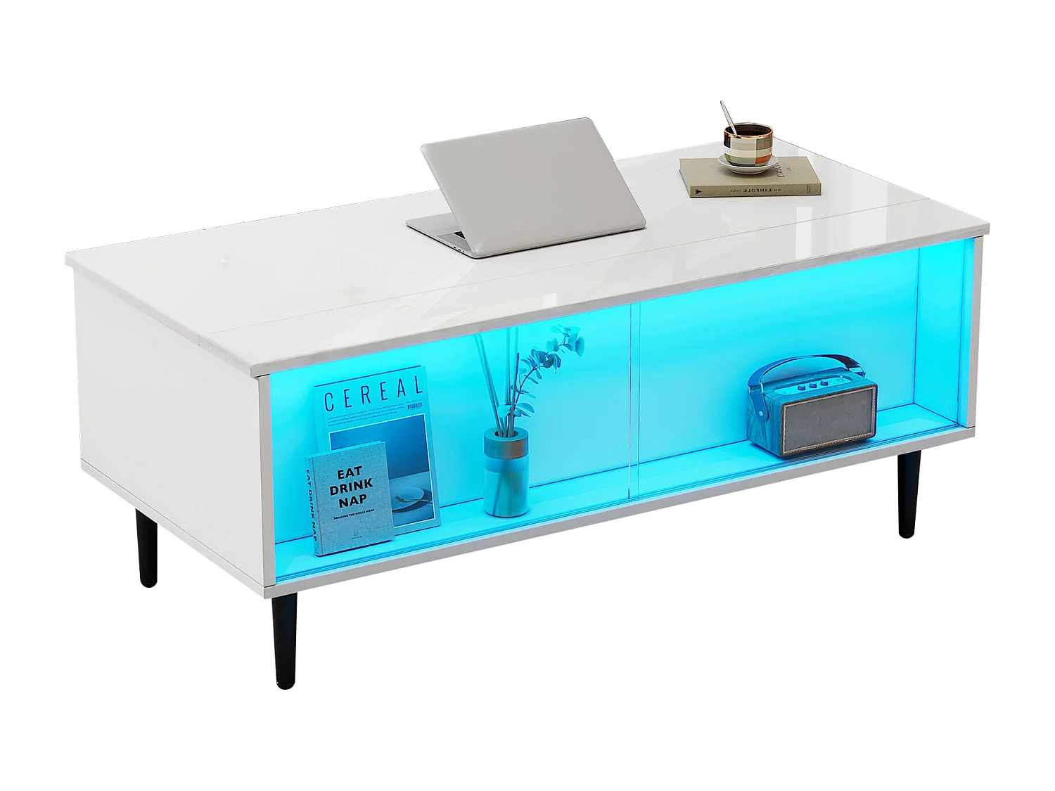 Höhenverstellbarer Couchtisch 105×50×43 cm - mit LED-Beleuchtung - Sicherheitsglas-Oberfläche - weiß