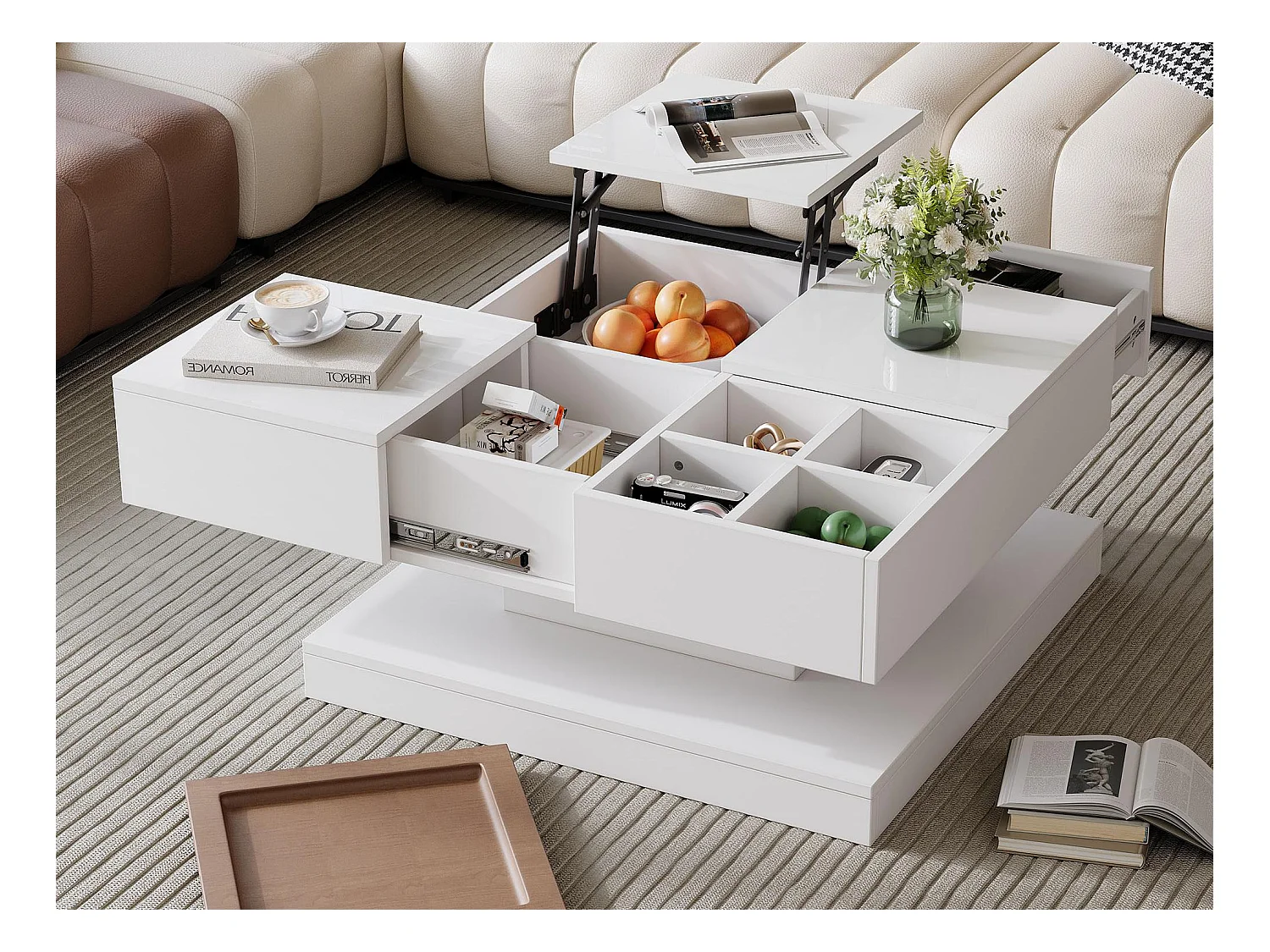 Kwadratowy stolik kawowy regulowany 75,5×75,5×38 cm - z tacą - 1 wysuwana szuflada - biały + naturalny