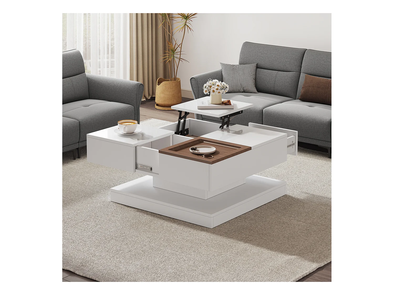 Kwadratowy stolik kawowy regulowany 75,5×75,5×38 cm - z tacą - 1 wysuwana szuflada - biały + naturalny