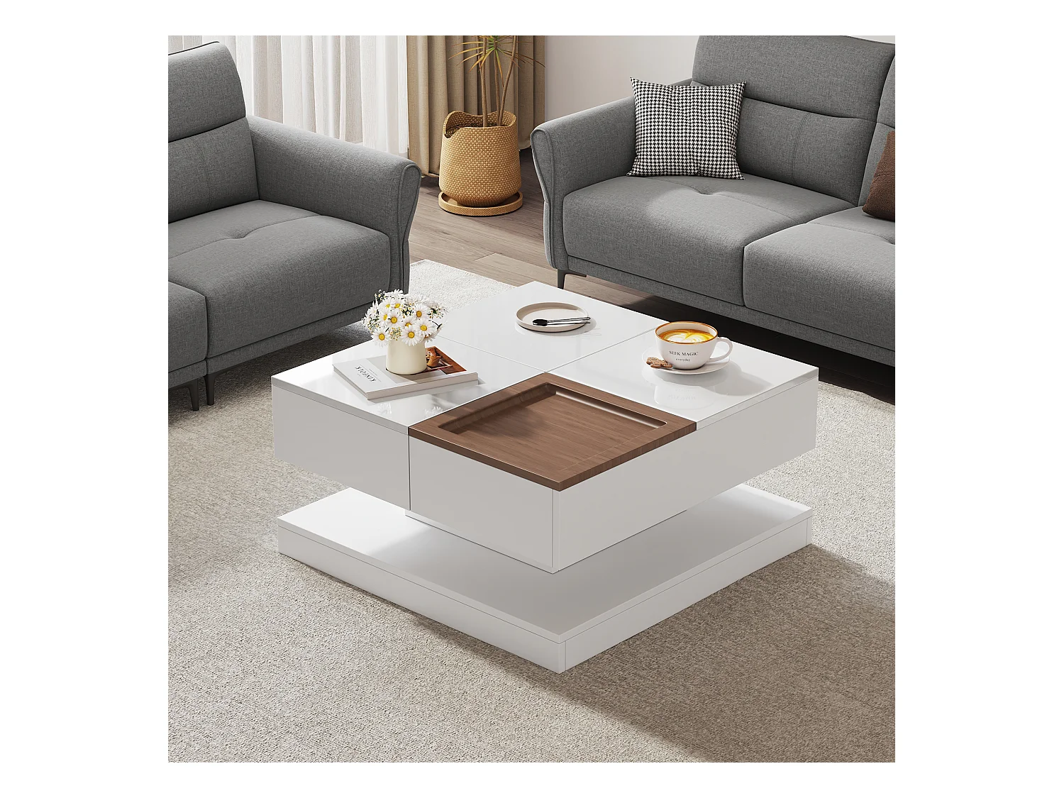 Kwadratowy stolik kawowy regulowany 75,5×75,5×38 cm - z tacą - 1 wysuwana szuflada - biały + naturalny