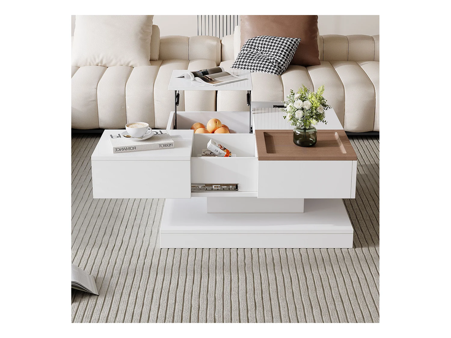 Kwadratowy stolik kawowy regulowany 75,5×75,5×38 cm - z tacą - 1 wysuwana szuflada - biały + naturalny