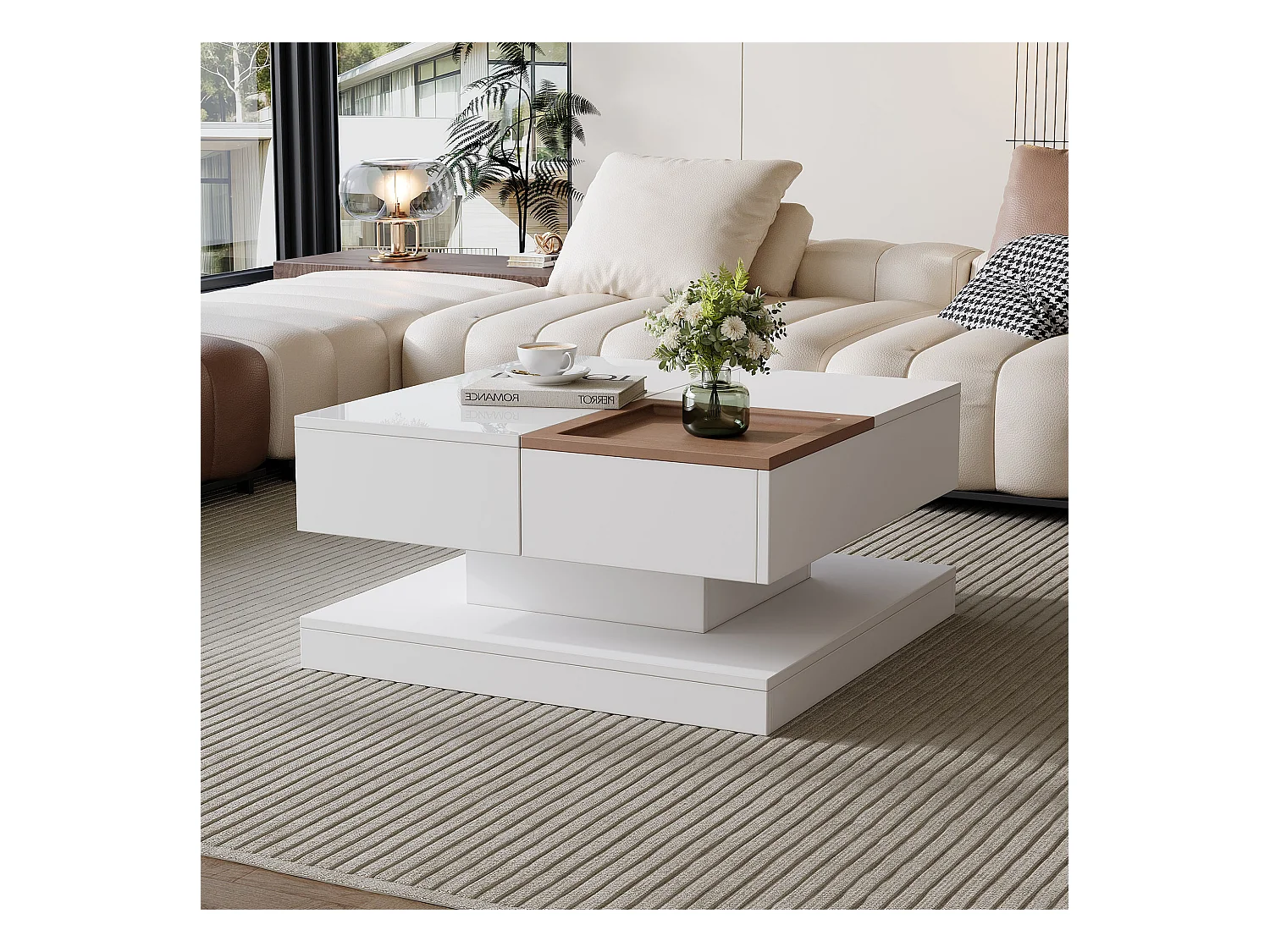 Kwadratowy stolik kawowy regulowany 75,5×75,5×38 cm - z tacą - 1 wysuwana szuflada - biały + naturalny