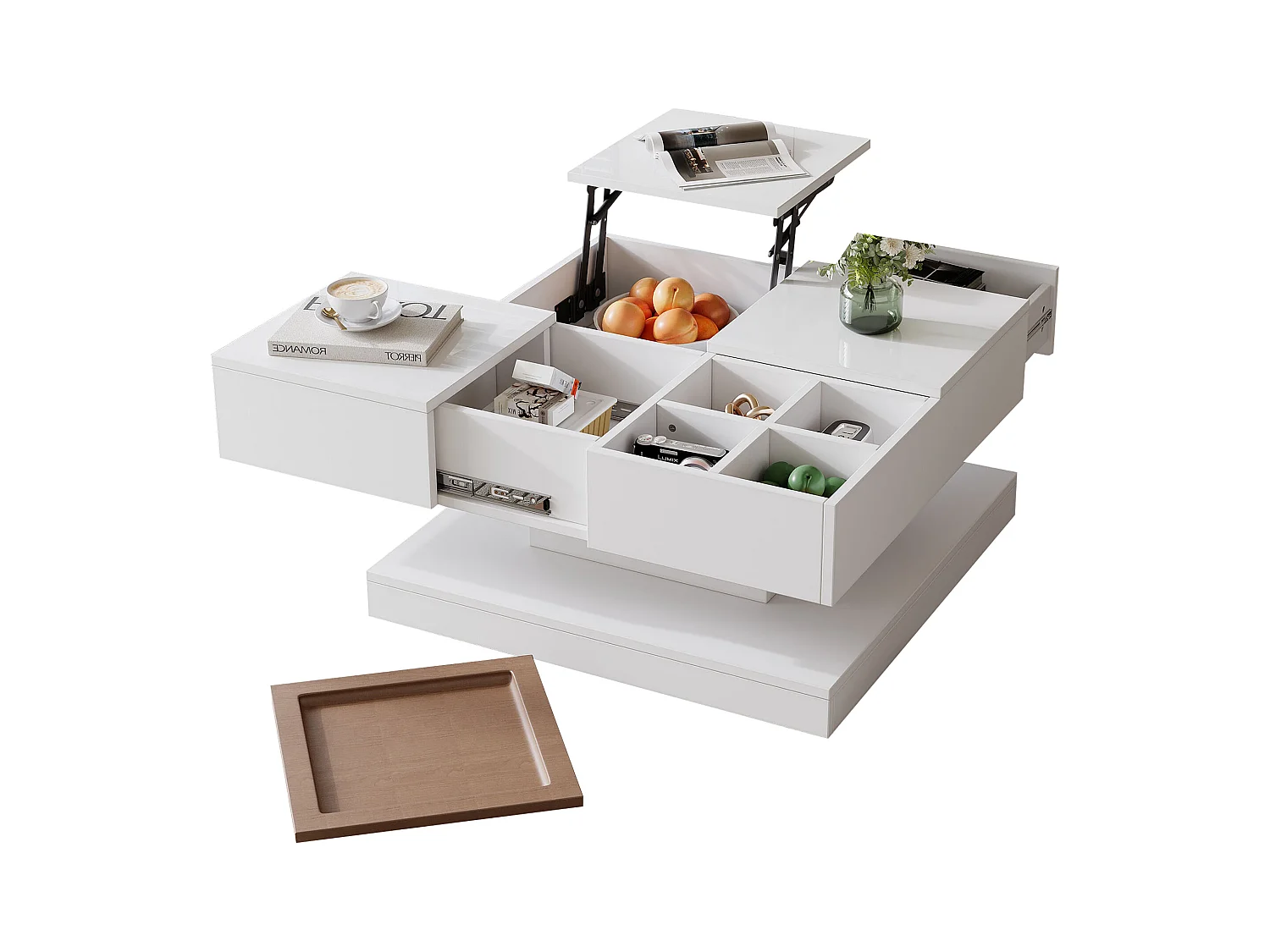 Kwadratowy stolik kawowy regulowany 75,5×75,5×38 cm - z tacą - 1 wysuwana szuflada - biały + naturalny