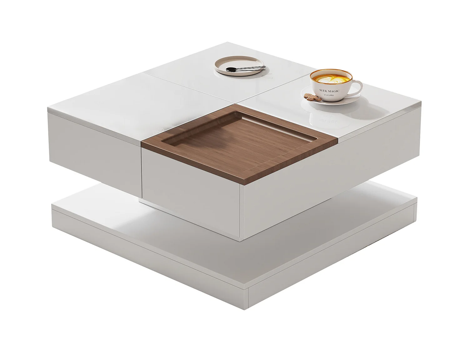 Table basse carrée relevable 75.5x75.5x38 cm - avec plateau - 1 tiroir coulissant - Blanc + Naturel