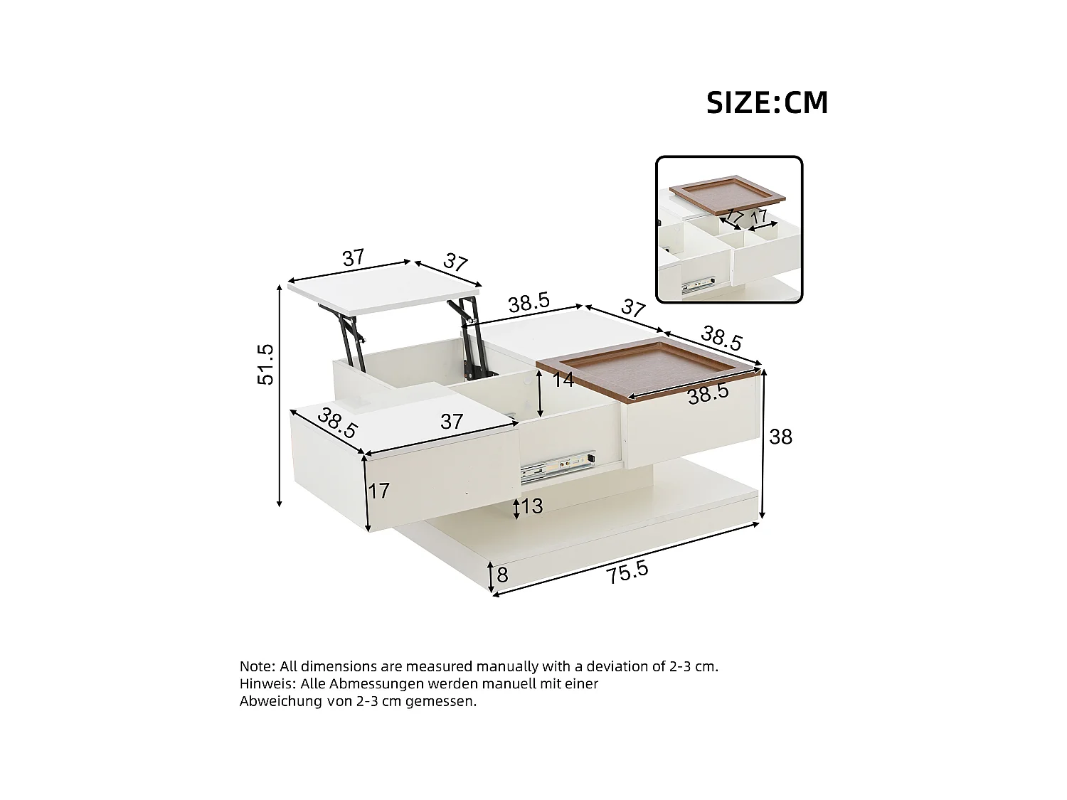 Table basse carrée relevable 75.5x75.5x38 cm - avec plateau - 1 tiroir coulissant - Blanc + Naturel