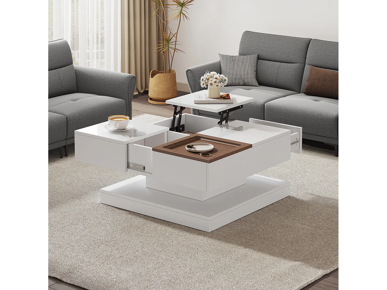 Table basse carrée relevable 75.5x75.5x38 cm - avec plateau - 1 tiroir coulissant - Blanc + Naturel