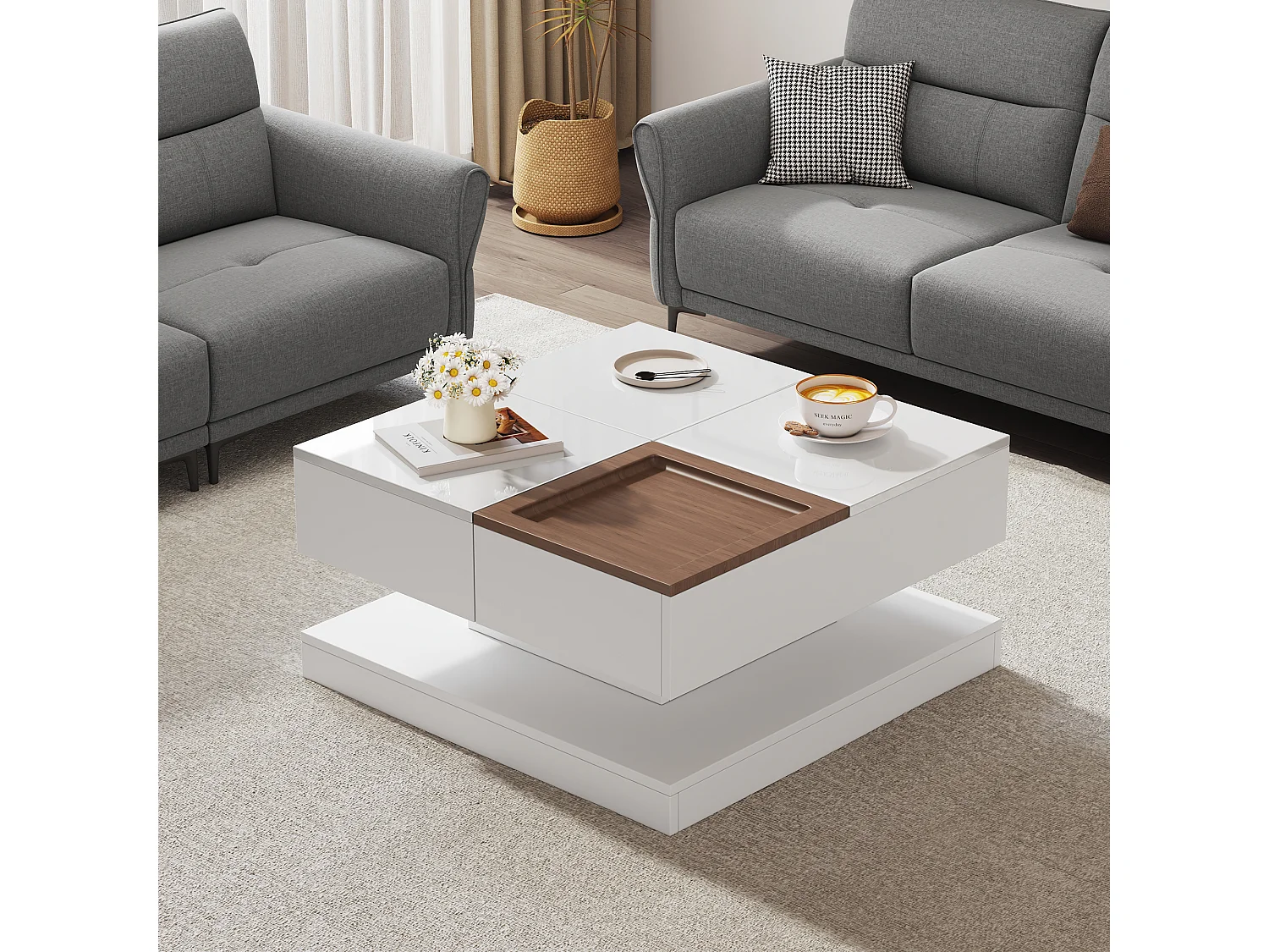 Table basse carrée relevable 75.5x75.5x38 cm - avec plateau - 1 tiroir coulissant - Blanc + Naturel