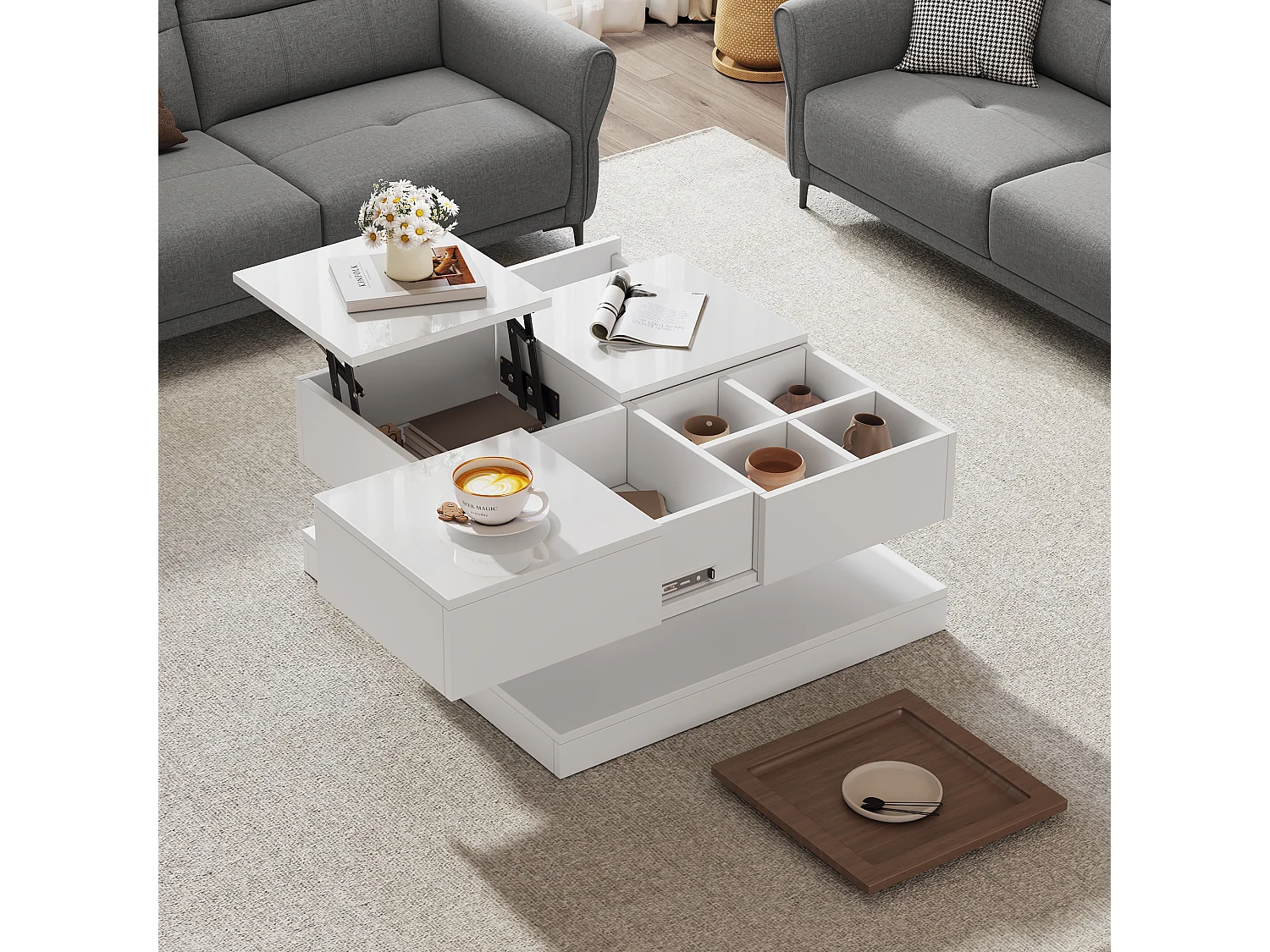 Table basse carrée relevable 75.5x75.5x38 cm - avec plateau - 1 tiroir coulissant - Blanc + Naturel