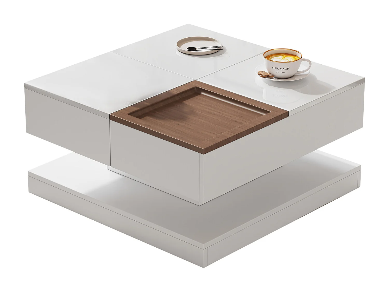 Table basse carrée relevable 75.5x75.5x38 cm - avec plateau - 1 tiroir coulissant - Blanc + Naturel