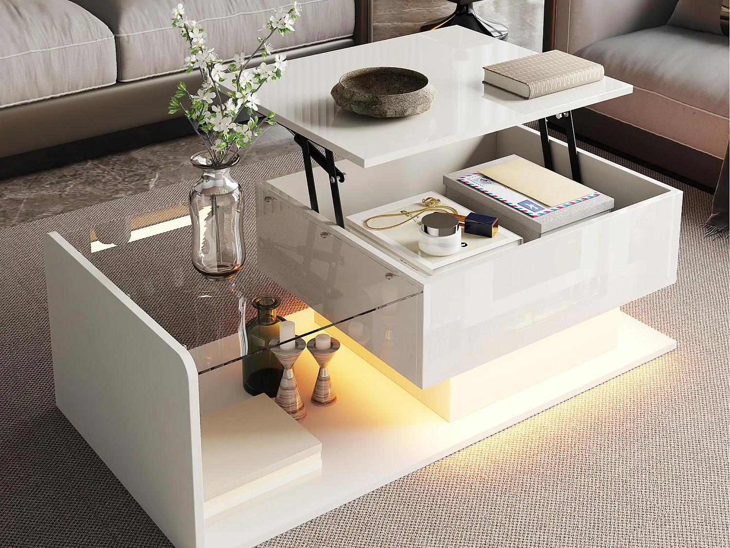 Verstelbare hoogglans salontafel 100×50×47,5 cm - Glazen blad - LED-verlichting - Spaanplaat - wit