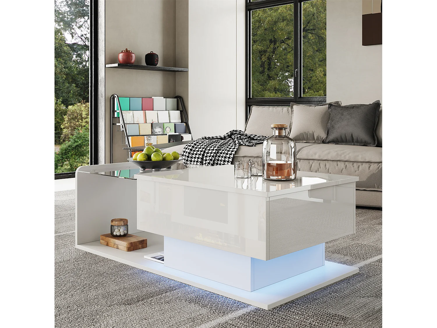 Verstelbare hoogglans salontafel 100×50×47,5 cm - Glazen blad - LED-verlichting - Spaanplaat - wit