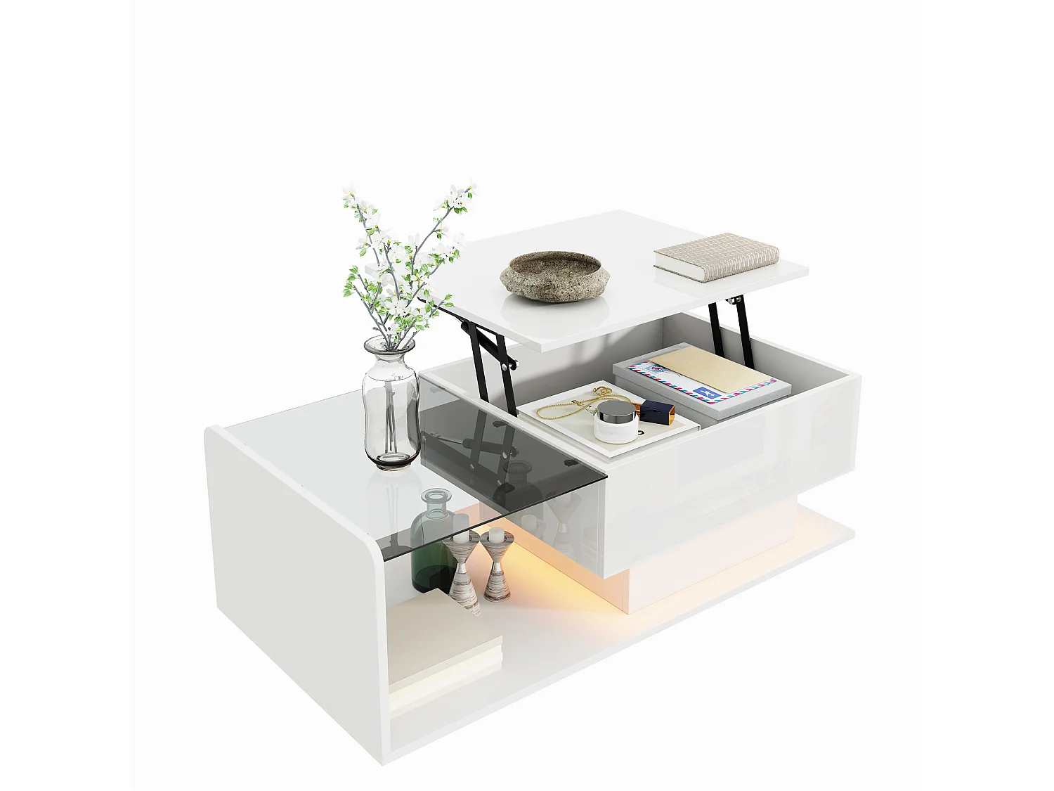 Verstelbare hoogglans salontafel 100×50×47,5 cm - Glazen blad - LED-verlichting - Spaanplaat - wit