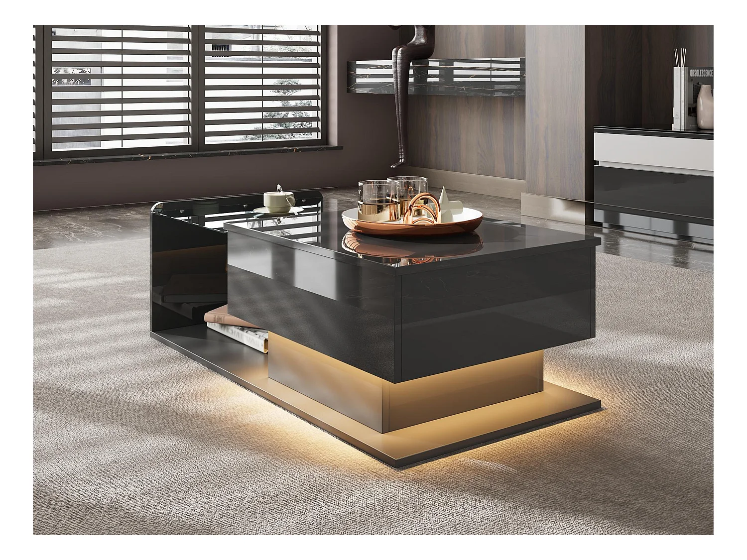Table basse relevable haute brillance 100x50x47.5 cm - Plateau en verre - Éclairage LED - Panneaux de particules - Noir