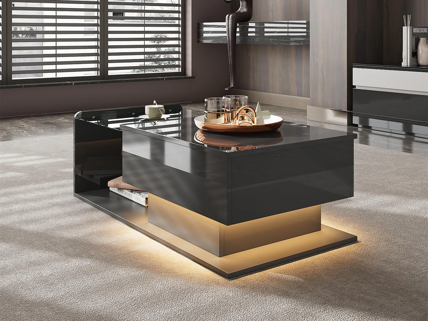 Tavolino regolabile ad alto lucido 100×50×47,5 cm - Piano in vetro - Illuminazione LED - Pannelli di particelle - nero