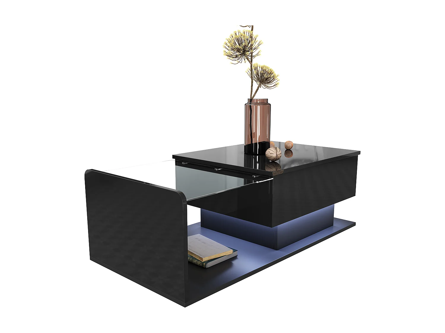 Tavolino regolabile ad alto lucido 100×50×47,5 cm - Piano in vetro - Illuminazione LED - Pannelli di particelle - nero