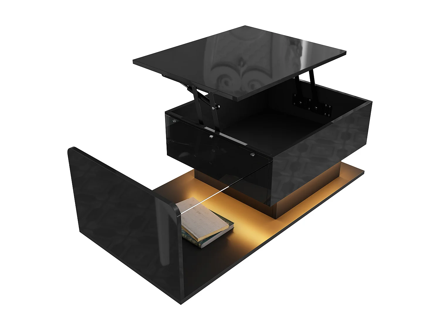 Tavolino regolabile ad alto lucido 100×50×47,5 cm - Piano in vetro - Illuminazione LED - Pannelli di particelle - nero