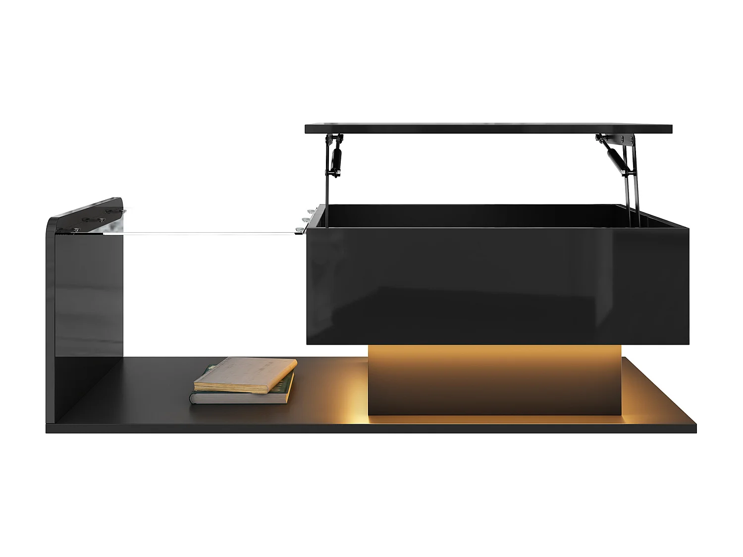 Tavolino regolabile ad alto lucido 100×50×47,5 cm - Piano in vetro - Illuminazione LED - Pannelli di particelle - nero