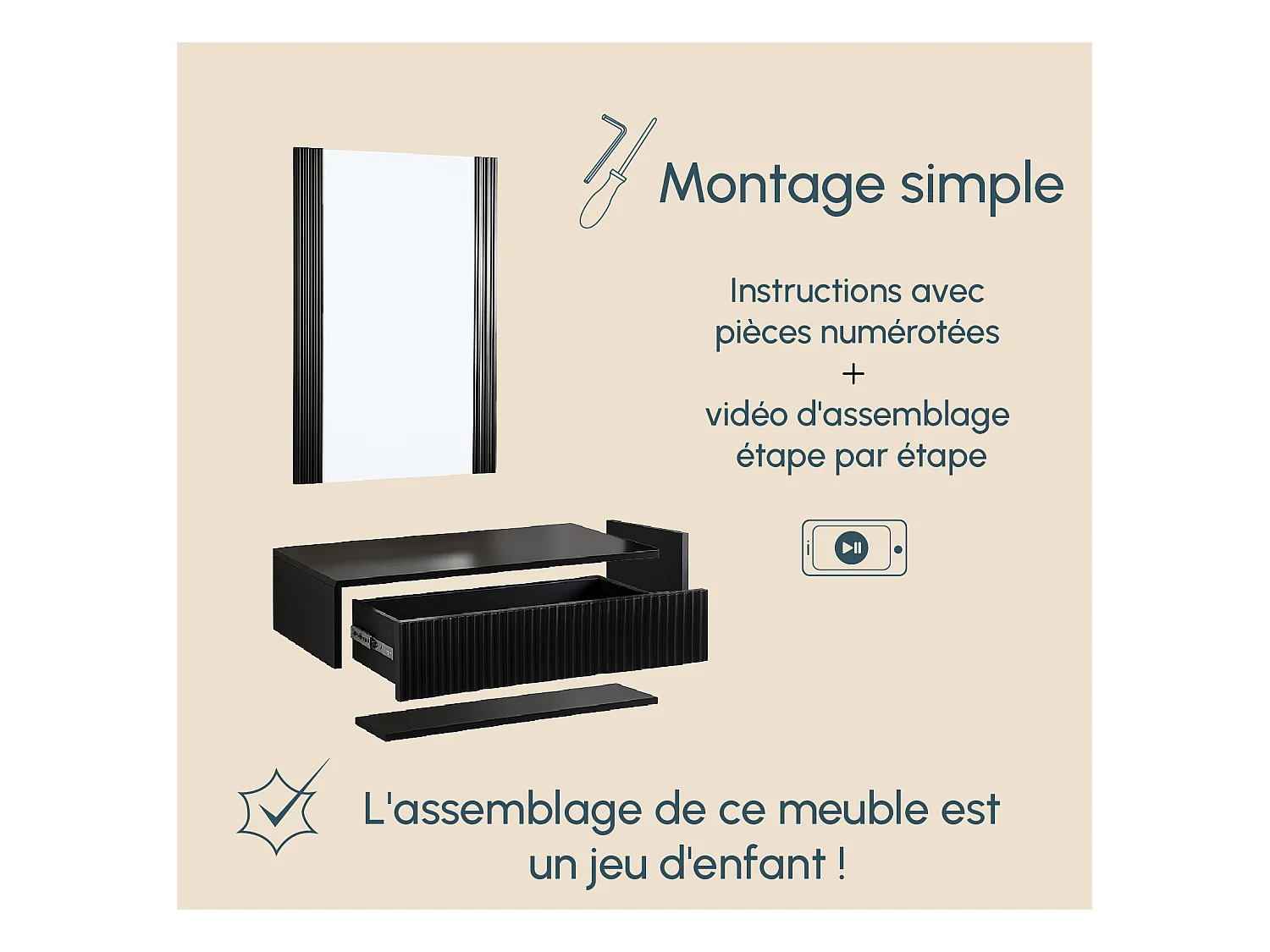 Tocador para Dormitorio en Negro 80x42x97cm Velia