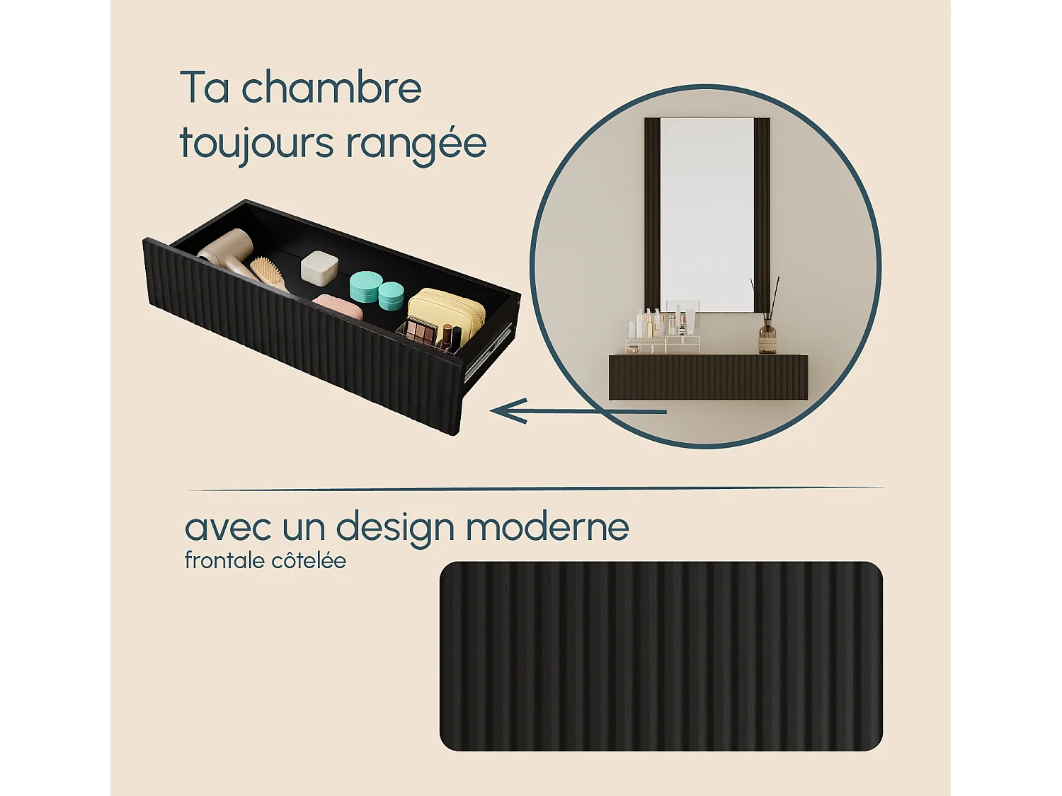 Coiffeuse pour Chambre à coucher en Noir 80x42x97cm Velia