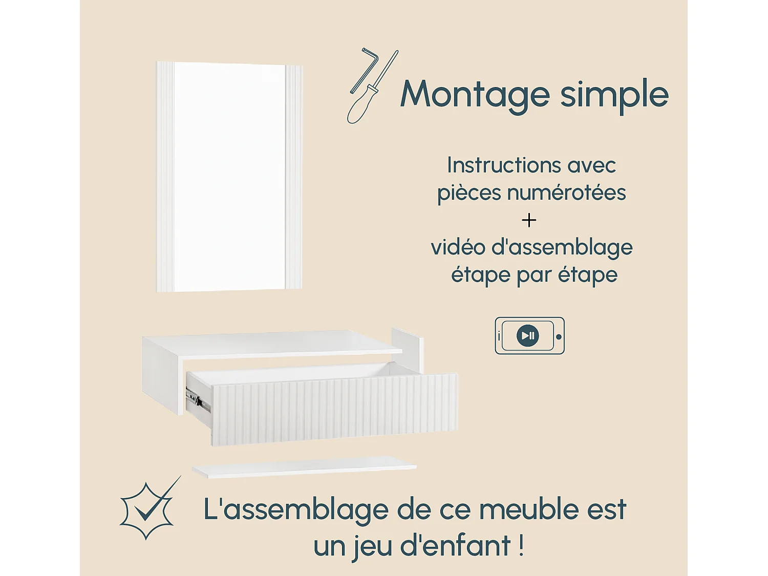 Coiffeuse pour Chambre à coucher en Blanc 80x42x97cm Velia