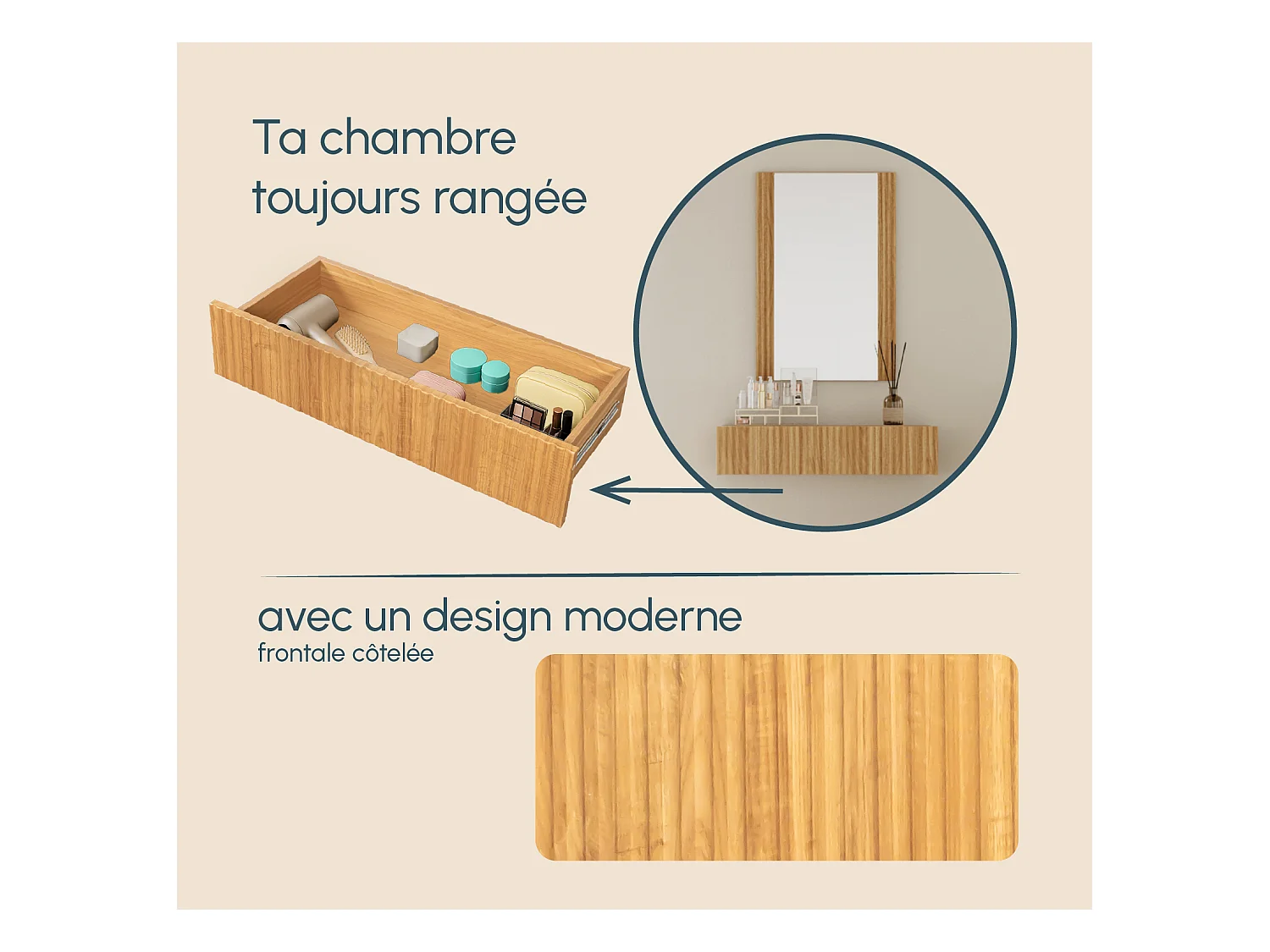 Coiffeuse pour Chambre à coucher en Coleur Chêne Alba 80x42x97cm Velia