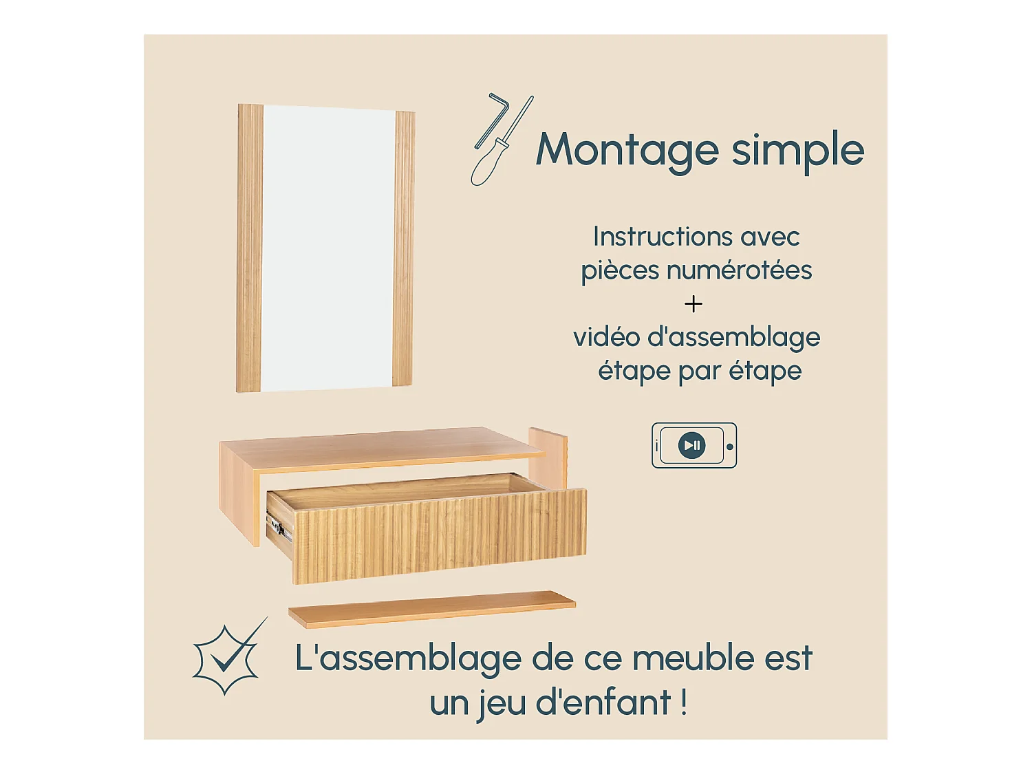 Coiffeuse pour Chambre à coucher en Coleur Chêne Alba 80x42x97cm Velia