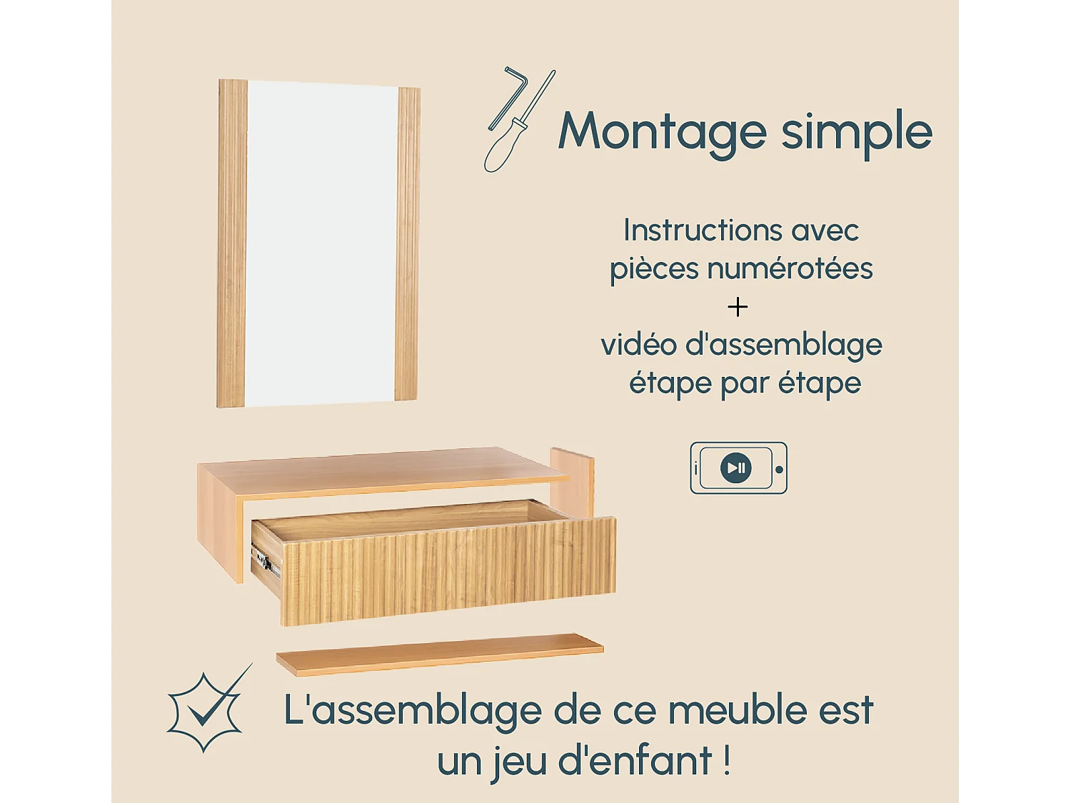 Coiffeuse pour Chambre à coucher en Coleur Chêne Alba 80x42x97cm Velia