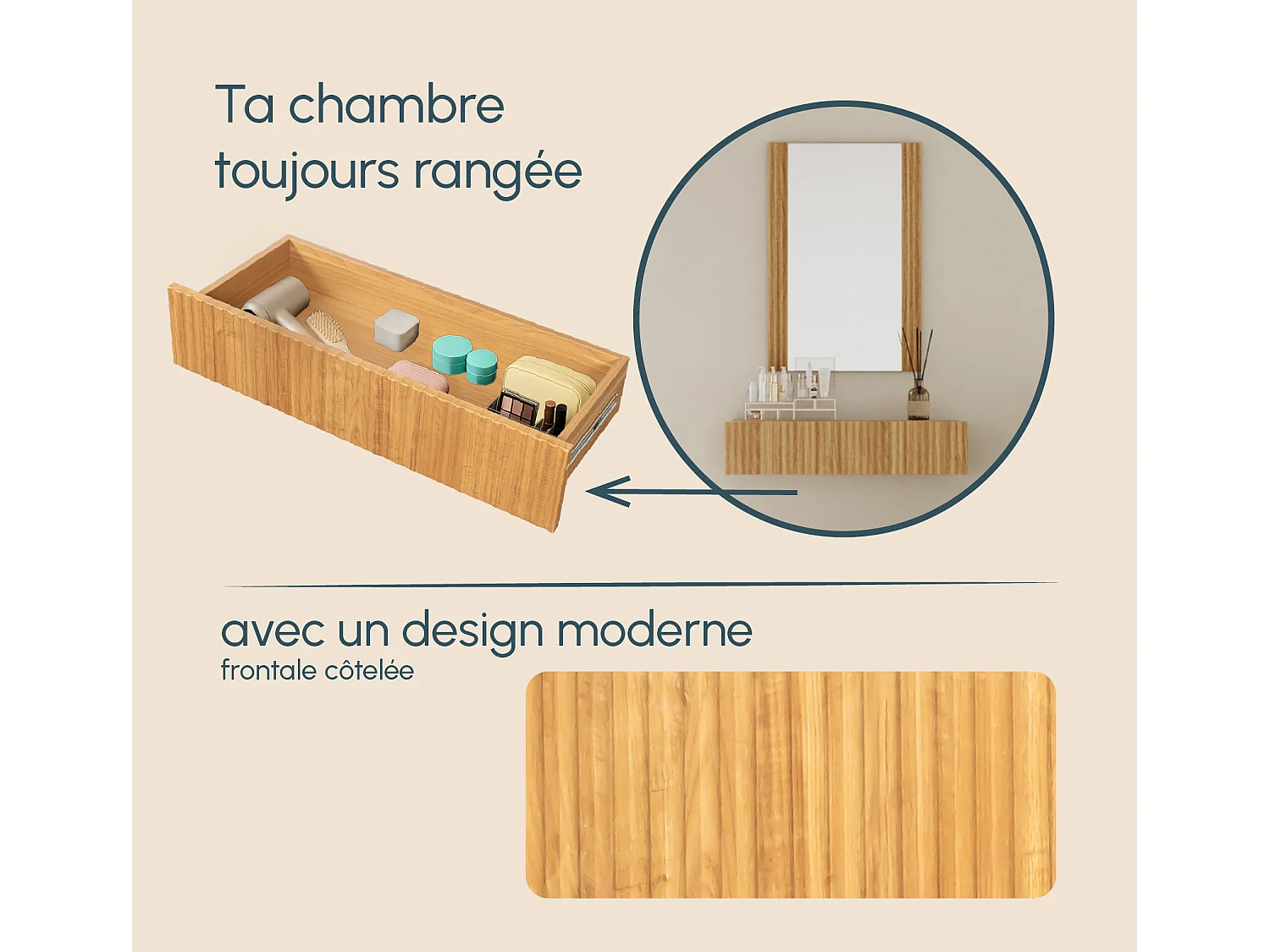 Tocador para Dormitorio en Color Roble Alba 80x42x97cm Velia