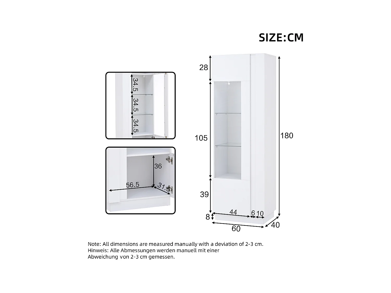 Vitrine haute brillance 60x40x180 cm - avec éclairage LED - 1 porte - Blanc