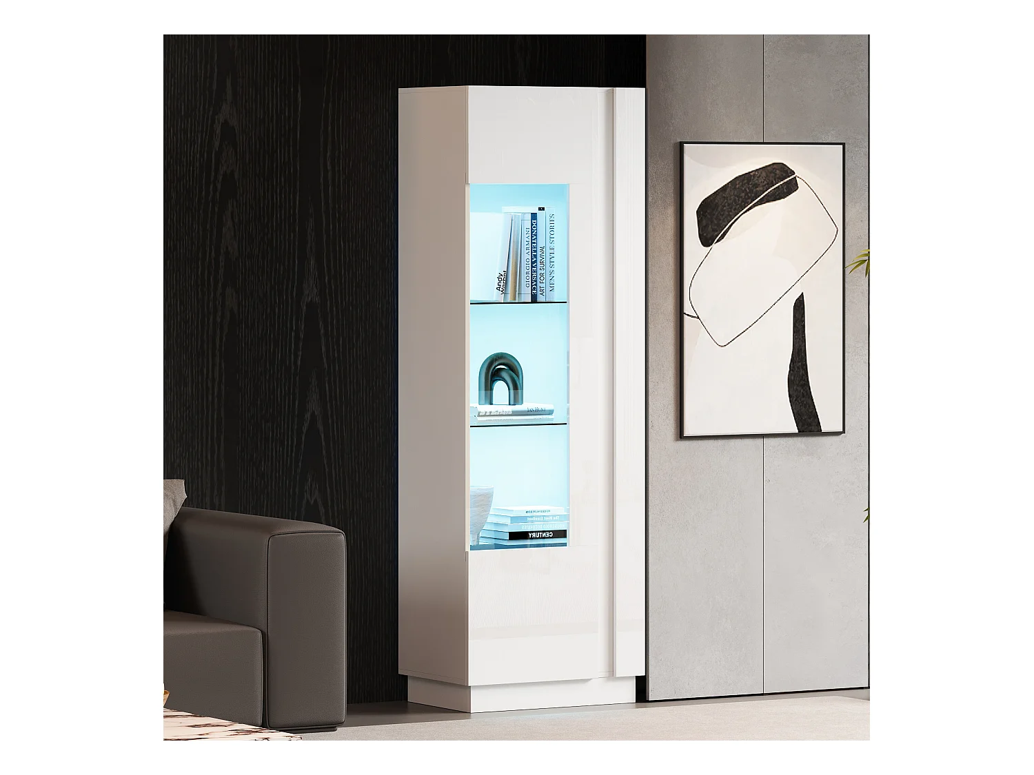 Vitrine haute brillance 60x40x180 cm - avec éclairage LED - 1 porte - Blanc