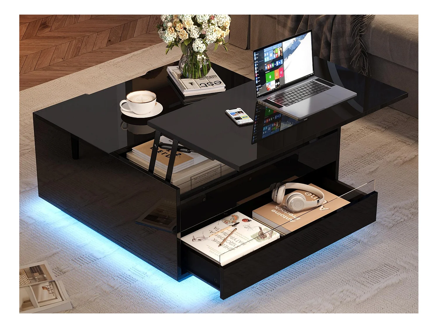 Regulowany stolik kawowy 70×70×38 cm - z taśmą LED - z 1 szufladą i drzwi - czarny