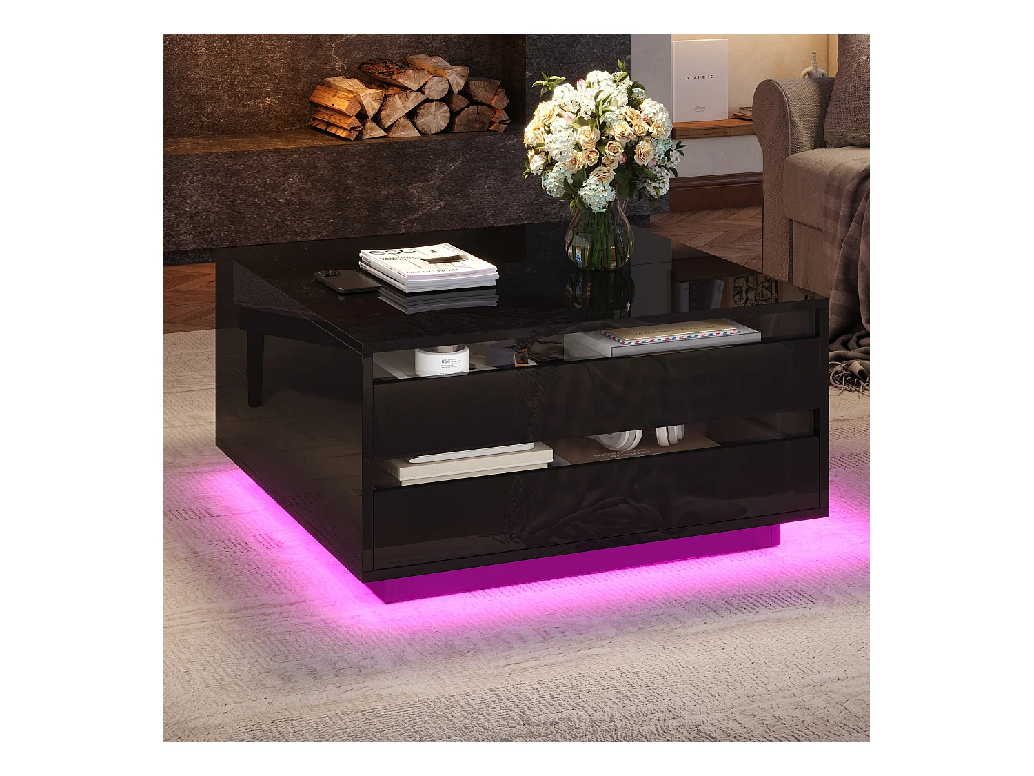 Regulowany stolik kawowy 70×70×38 cm - z taśmą LED - z 1 szufladą i drzwi - czarny