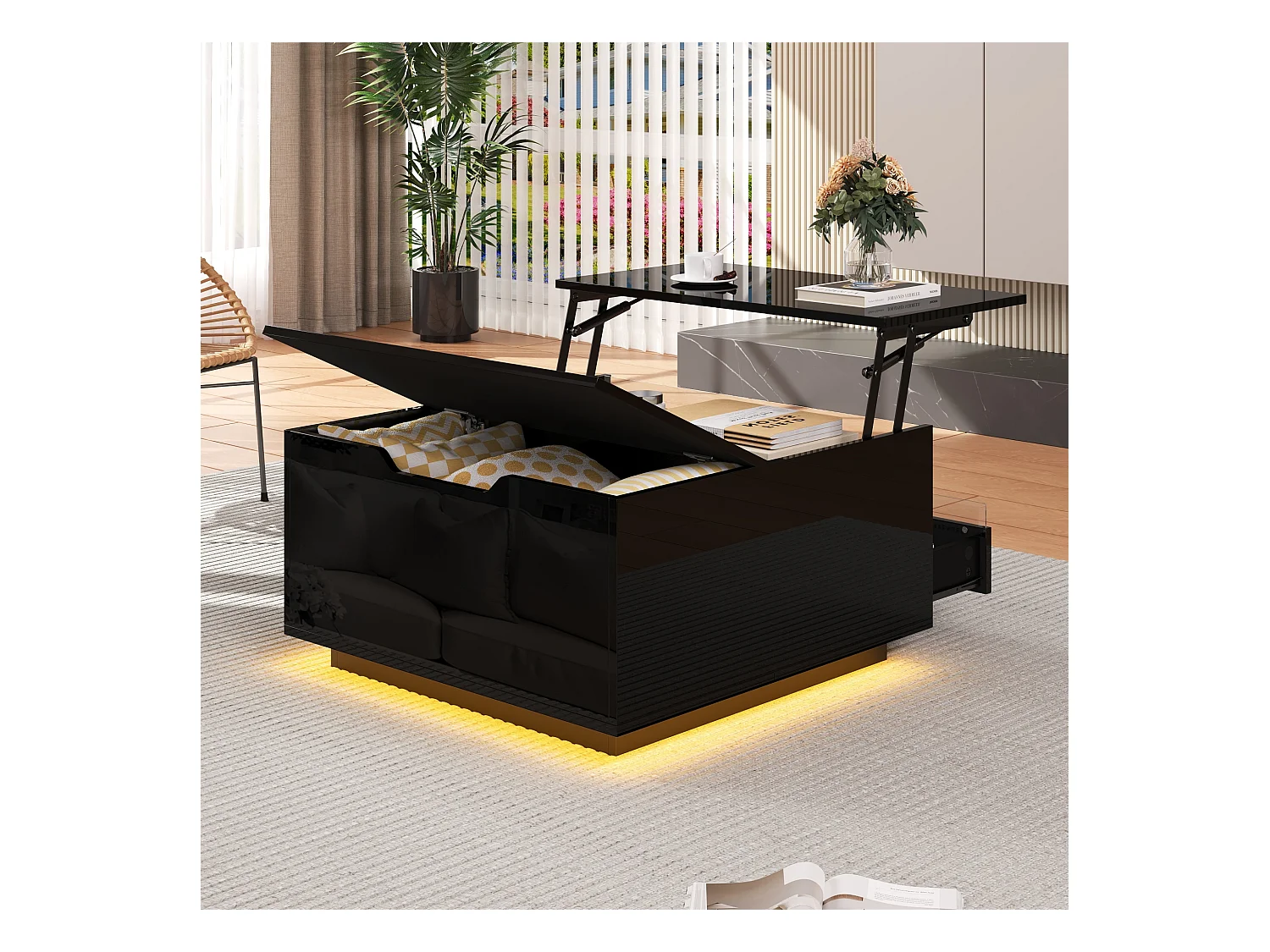 Regulowany stolik kawowy 70×70×38 cm - z taśmą LED - z 1 szufladą i drzwi - czarny