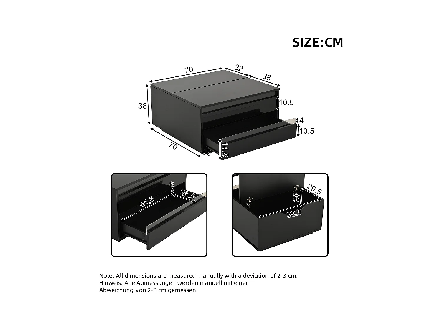 Regulowany stolik kawowy 70×70×38 cm - z taśmą LED - z 1 szufladą i drzwi - czarny